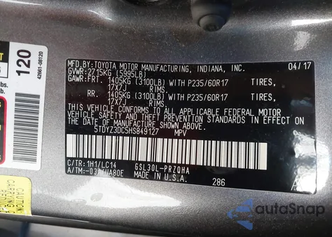 2017 Toyota Sienna Xle 8 Passenger z USA, uszkodzony, nr VIN 5TDYZ3DC5HS849127